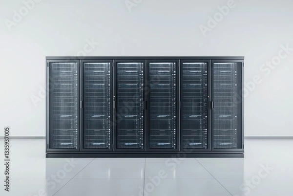 Fototapeta Server room in data center with rack servers hosting and networking infrastructure system technology