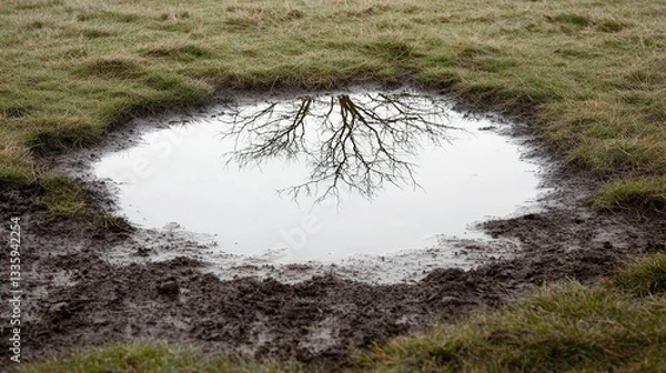 Fototapeta Reflection of a bare tree in a puddle of water.