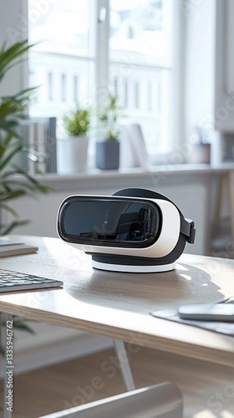 Fototapeta VR headset rests on a desk near a window.