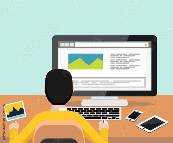 Fototapeta Person blogging on computer. Template blogging infographics. Modern flat design for Web Banner , Website Element , Brochures, or Book cover