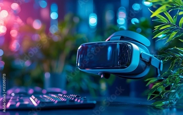 Fototapeta VR headset floats above keyboard, plants in neon light.