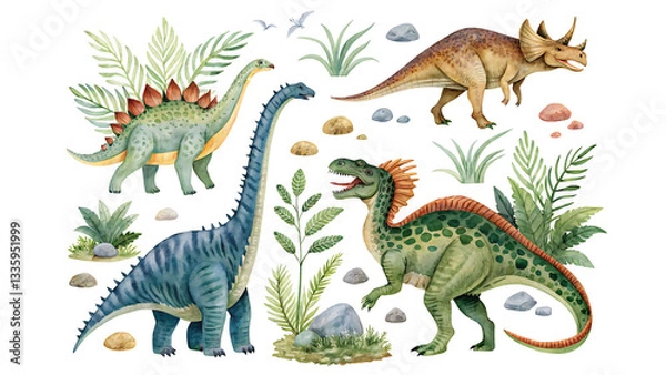Fototapeta Watercolor dinosaurs set isolated. Prehistoric animals stegosaurus, brachiosaurus, triceratops, t-rex, plants. dinosaur eggs