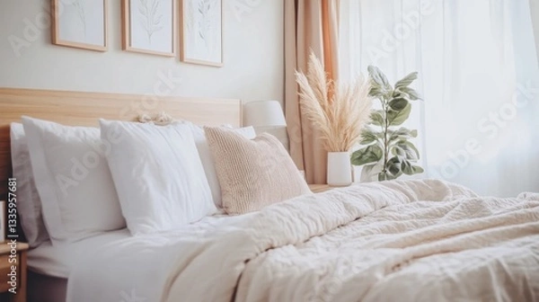 Fototapeta Minimalist Bedroom with Soft Tones and Natural Light