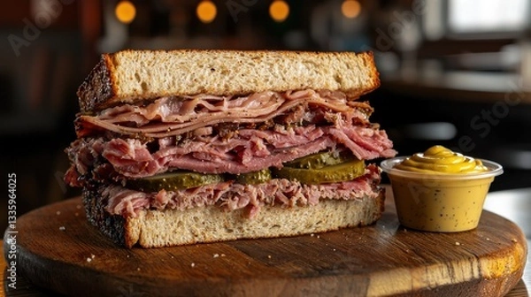 Obraz Delicious gourmet pastrami sandwich with mustard sauce on rustic wooden board for food bloggers style photography