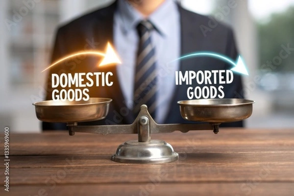 Obraz A businessman balances domestic and imported goods on a scale, symbolizing trade and economic considerations.