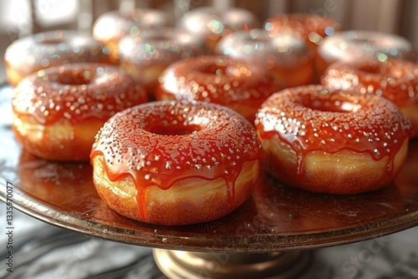 Fototapeta a Selection of Glazed Doughnuts Arranged on a Wooden Table