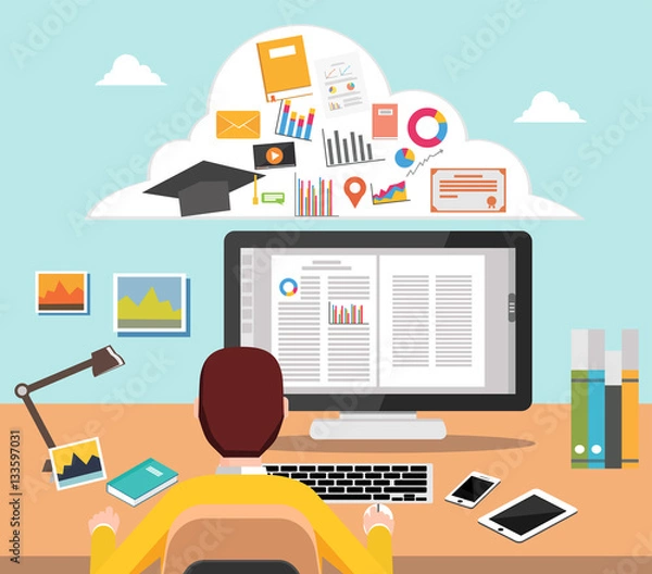 Fototapeta Student studying on computer  College supplies.  E-learning concept illustration for web banner, element, template, or infographics