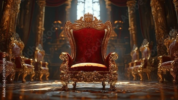 Fototapeta A majestic King Throne in an opulent hall, surrounded by intricate carvings and luxurious fabrics.