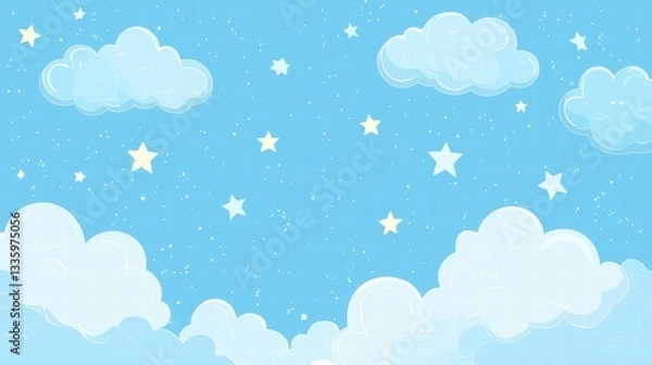 Fototapeta Dreamy Sky: Pastel blue sky filled with fluffy clouds and shining stars, creating a peaceful and whimsical scene.