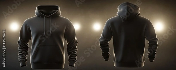 Obraz Deep black hoodie with front and back views shown under soft spotlight lighting