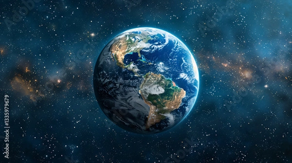Fototapeta Planet Earth globe view from space showing realistic Earth surface and world map as seen from outer space. Photos of planet Earth from space.