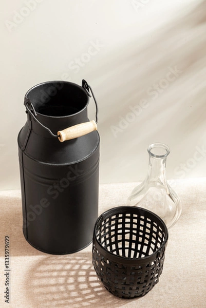 Fototapeta Group of Container isolated on studio background. Minimalist. Product design. Simplicity. Object. Modern. Home decoration. Houseplant. Plant pot. Space for text.Light and Shadow. Simple black vase.