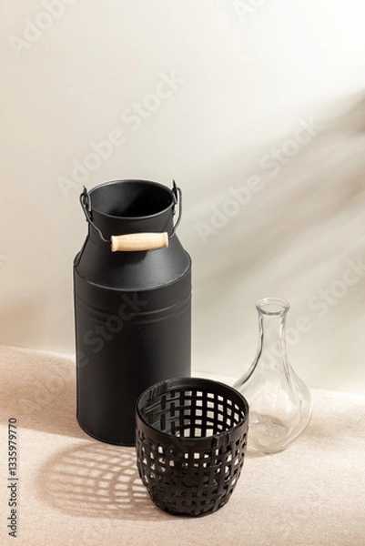 Obraz Group of Container isolated on studio background. Minimalist. Product design. Simplicity. Object. Modern. Home decoration. Houseplant. Plant pot. Space for text.Light and Shadow. Simple black vase.