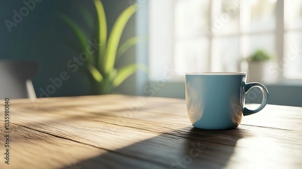 Fototapeta Cozy workspace with coffee mug, bright sunlight streaming through window, wooden desk with green plant for a relaxed atmosphere