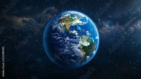Fototapeta Planet Earth globe view from space showing realistic Earth surface and world map as seen from outer space. Photos of planet Earth from space.