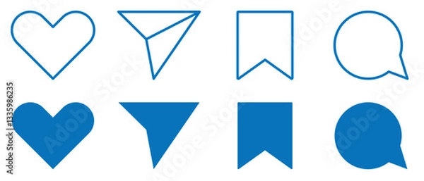 Fototapeta Icons like comment, share, save, like media button. Outline icon heart arrow direct message interface message minimalist. Set of social network user interface button icons on white background. 