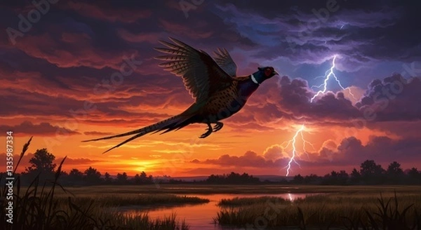 Obraz Pheasant Flying Over Marshland During Dramatic Sunset with Lightning Strikes