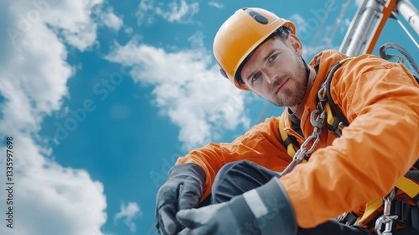 Fototapeta Portrait of a Male Worker in Orange Safety Gear High Above Ground
