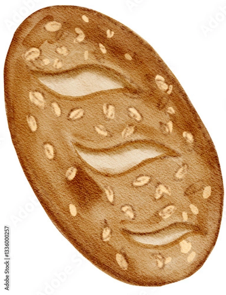 Obraz Watercolor Rustic Bread Loaf with Seeds - Hand Painted Illustration
