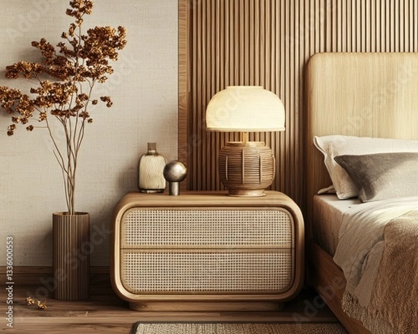 Obraz Japandi nightstand with a small table lamp and decor piece.