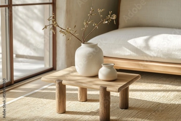 Obraz Japandi side table with neutral ceramics and a wooden base.
