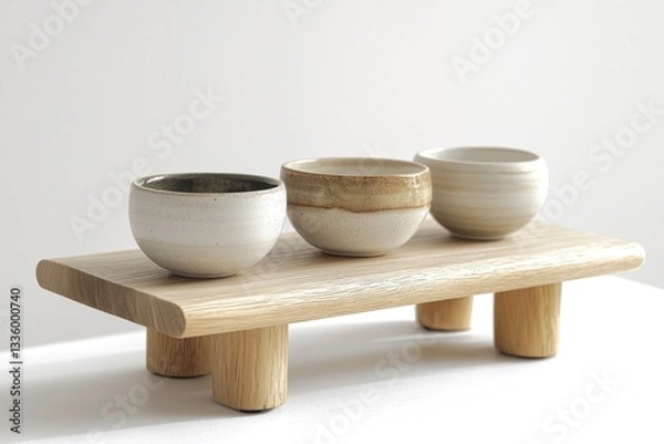 Obraz Japandi side table with neutral ceramics and a wooden base.