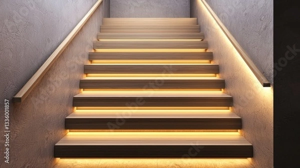 Obraz Japandi staircase with sleek wooden steps and integrated wall lighting.