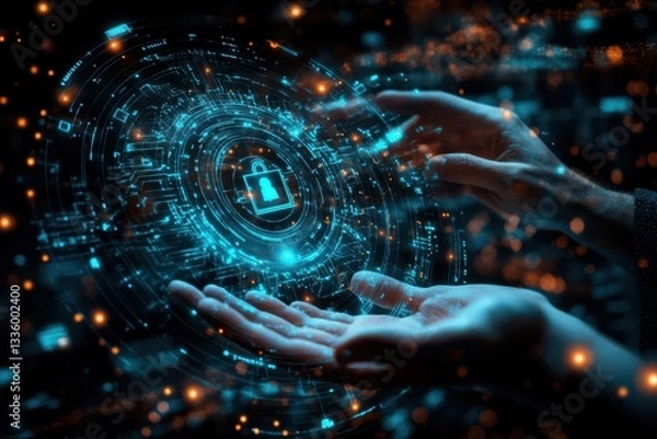 Fototapeta Hands holding digital security lock futuristic technology cybersecurity Background
