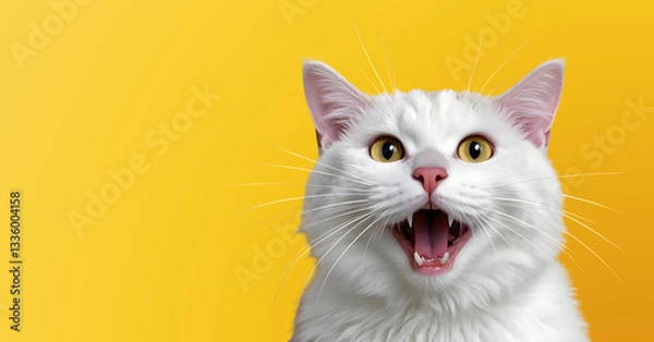 Obraz Amazed and Shocked White Cat – Funny Close-Up with Bright Yellow Background