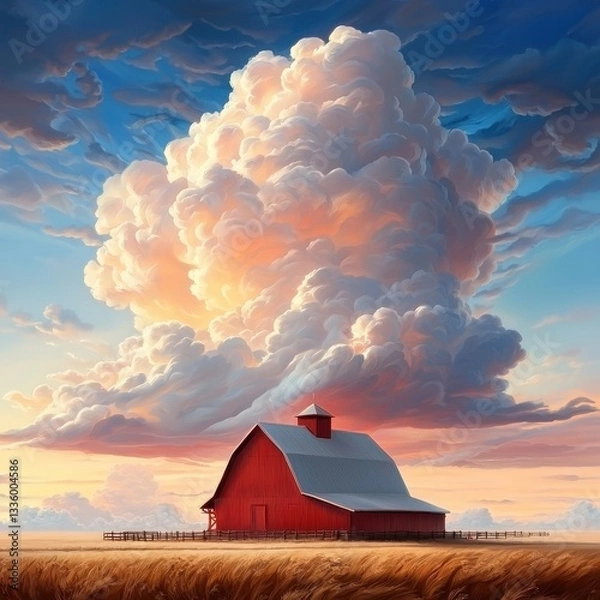 Fototapeta Red Barn Under a Dramatic Sunset Sky