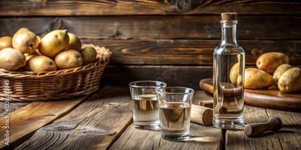 Fototapeta A wooden table set with a bottle of potato-based vodka and two glasses, with a rustic and earthy atmosphere, evoking a sense of warmth and coziness , potato vodka, spirits