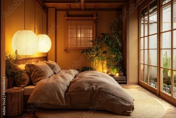 Obraz Japandi-inspired bedroom with earthy tones, natural textures, and warm lighting.