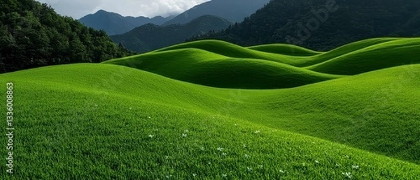 Fototapeta Undulating Green Hills Panorama under Overcast Sky Peaceful Rolling Fields Lush Meadow Tranquil Vistas