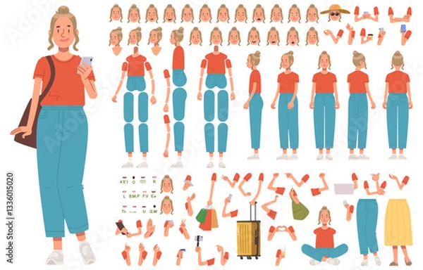 Fototapeta Constructor of character cute active girl in casual clothes. Young woman, influencer, traveler and blogger. Set of hands legs body and head positions for creating animation