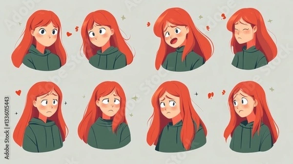 Fototapeta A collection of animated girls with different emotions and expressions