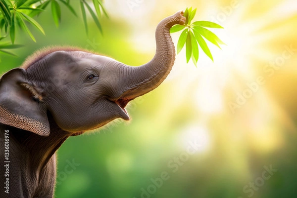 Fototapeta A digital illustration of a baby elephant playfully extending its trunk to grasp fresh green leaves.