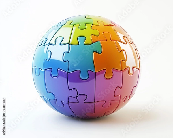 Fototapeta Artistic close-up shot of a glossy 3D puzzle ball on white background.
