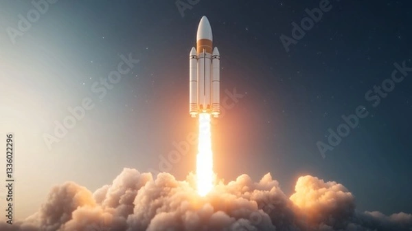 Fototapeta Rocket launching into space, powerful blast off amidst billowing clouds, symbolizes innovation and exploration, inspiring adventure.