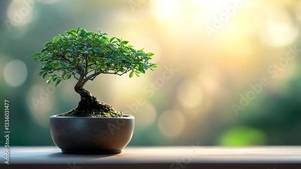 Fototapeta A small bonsai tree in an elegant pot on the table against a blurred background with copy space, suitable for a banner design. 