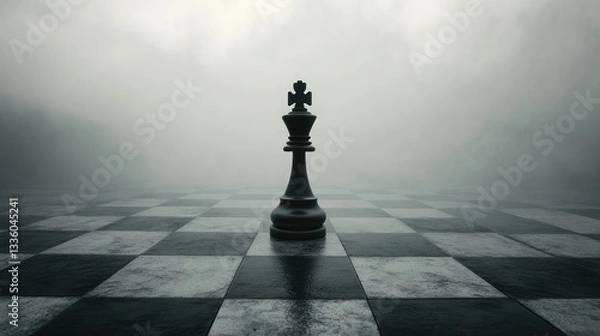 Fototapeta Majestic Chess Piece on Foggy Board with Dramatic Lighting Creating a Mystical Ambiance