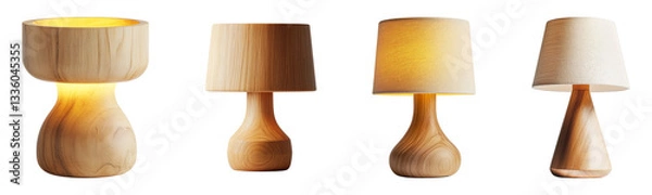 Fototapeta A set of various rustic wooden table lamps in PNG format, isolated with a transparent background, cut out, png