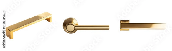 Fototapeta Collection of polished brass door handles, set against a clean white background for digital use, cut out, png