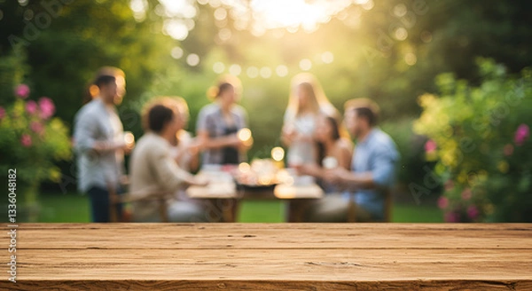 Obraz Empty wooden table and blurred view of a group of people having BBQ barbecue outdoors. Wallpaper, Wood desk in front of a natural garden background. Summer lifestyle Concept, Background,outdoors, bar-