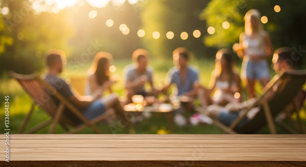 Obraz Empty wooden table and blurred view of a group of people having BBQ barbecue outdoors. Wallpaper, Wood desk in front of a natural garden background. Summer lifestyle Concept, Background,outdoors, bar-