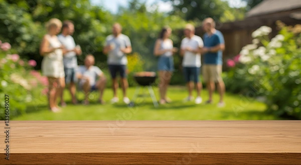 Obraz Empty wooden table and blurred view of a group of people having BBQ barbecue outdoors. Wallpaper, Wood desk in front of a natural garden background. Summer lifestyle Concept, Background,outdoors, bar-