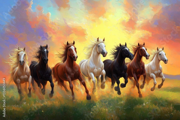 Fototapeta horses running freely across a grassy field, painted in an oil-painting style. The scene is full of energy and life, with the horses galloping in unison, showcasing their strength, grace, and freedom.