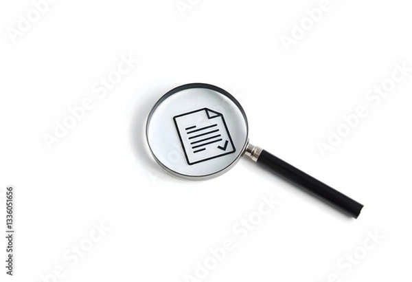 Fototapeta A magnifying glass focuses on a document icon with text and a checkmark, symbolizing document review or analysis. The background is plain white