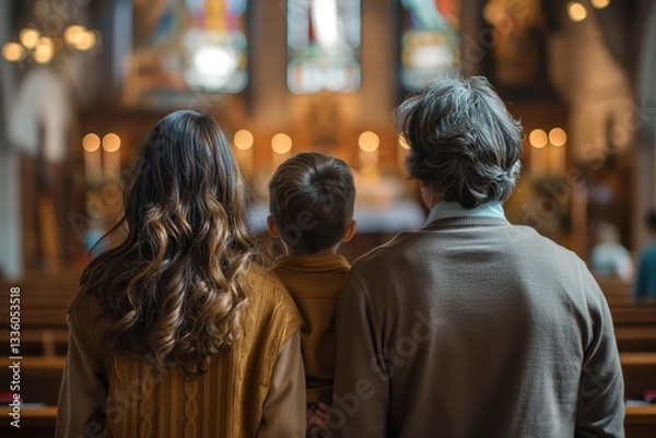 Fototapeta A woman and child stand with a man in a church, gazing at the stained glass windows and illuminated altar.