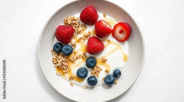 Fototapeta Nutritious Yogurt with Fresh Strawberries, Blueberries, Granola, and Honey Drizzle