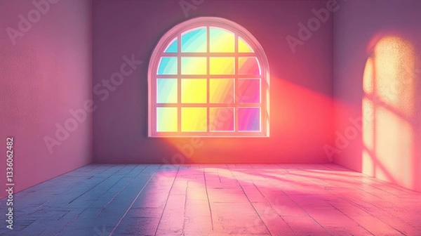 Fototapeta A minimalistic surreal illustration of a large window floating in midair, revealing a radiant Pride rainbow through the frame